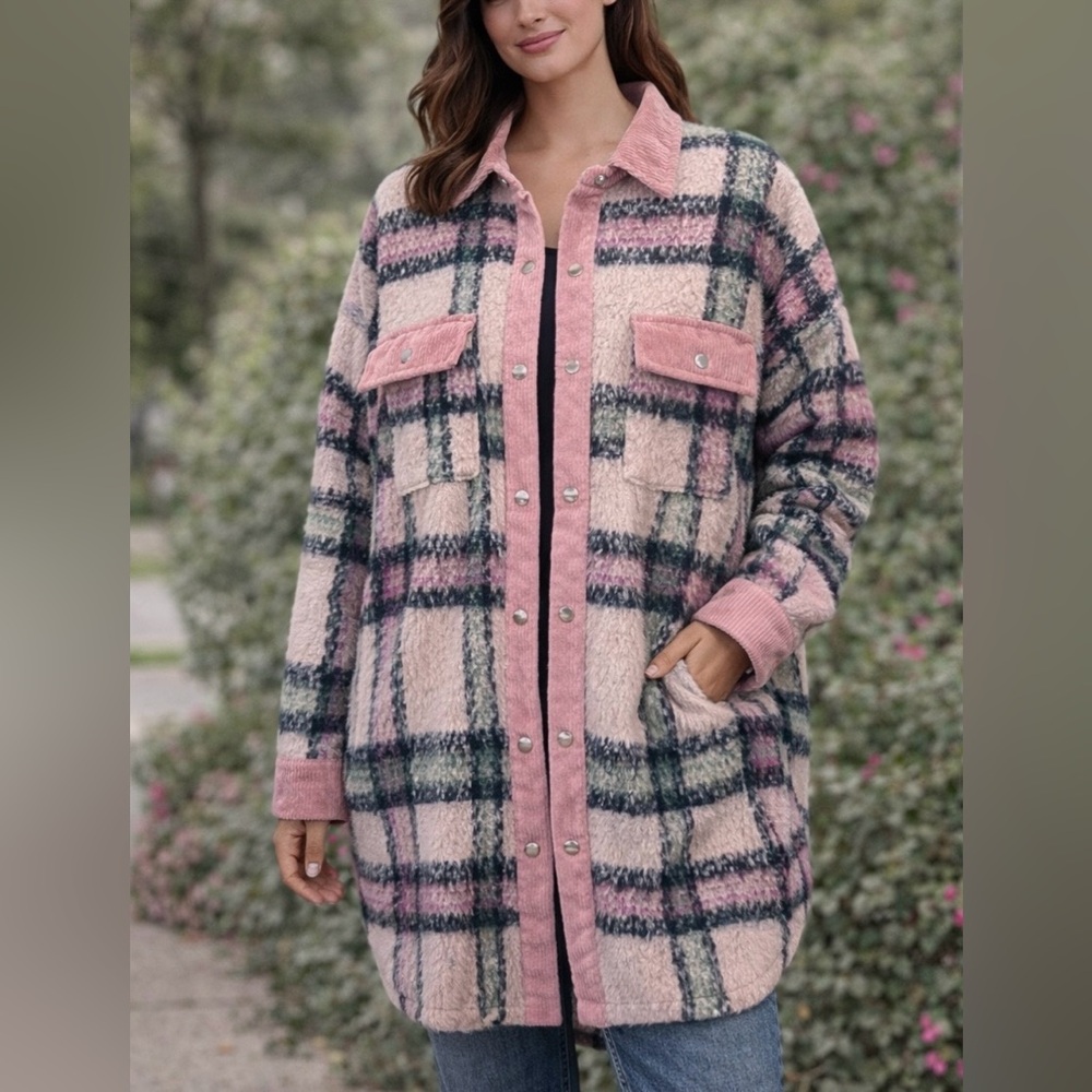 Plaid Button Down Shacket- Pink and Blue